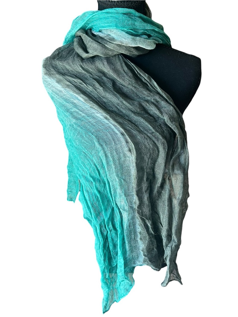 Eileen Fisher 100% Linen Scarf Blue Teal Gray Made In Japan Lightweight OS